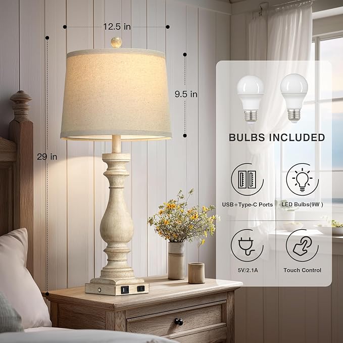 29" Tall Vintage Table Lamps Set of 2,Farmhouse Bedside Lamps with USB C+A Ports & AC Outlet,3-Way Dimmable Touch Lamp for Night Stands Living Room Bedroom,Beige