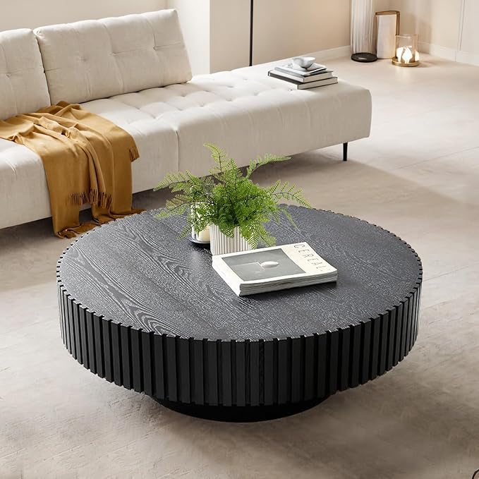 Round Coffee Table, Handcrafted Fluted Drum Coffee Tables Modern Wood Coffee Table Circle Drum Center Table for Living Room, Apartment (Round Black)