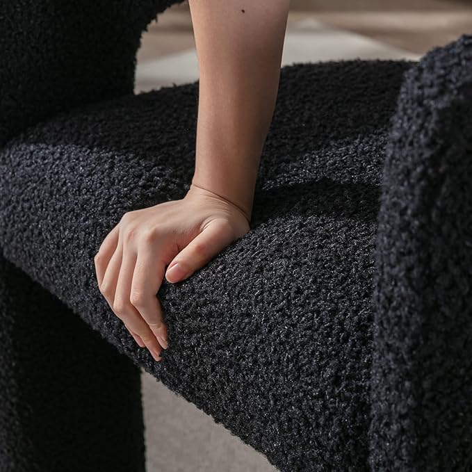 Modern Sherpa Barrel Dining Chair Upholstered Faux Fur Dining Room Chair with Arm Comfy Accent Side Chair for Kitchen/Living Room/Reception, Black