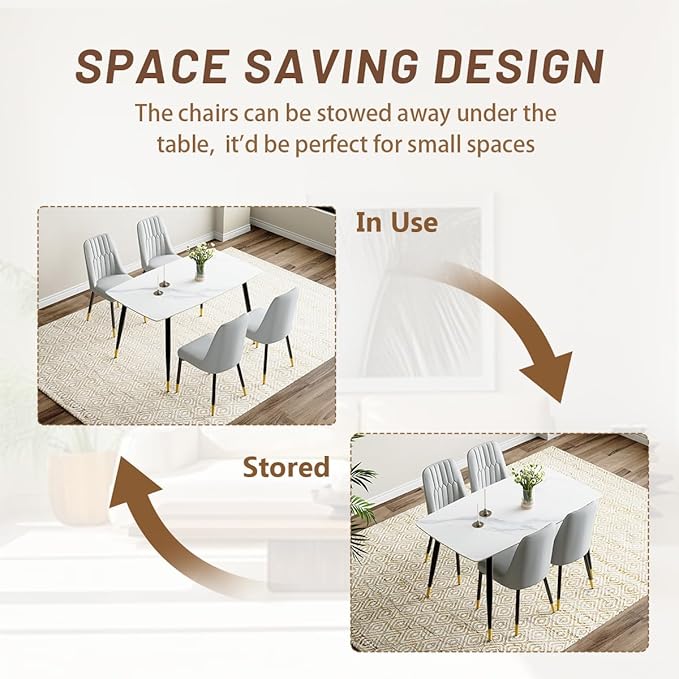 50'' Dining Table Set for 4, Dining Room Sets for 4, Sintered Stone Dining Table Chairs Set of 4, Easy to Assemble，Suitable for Small Spaces