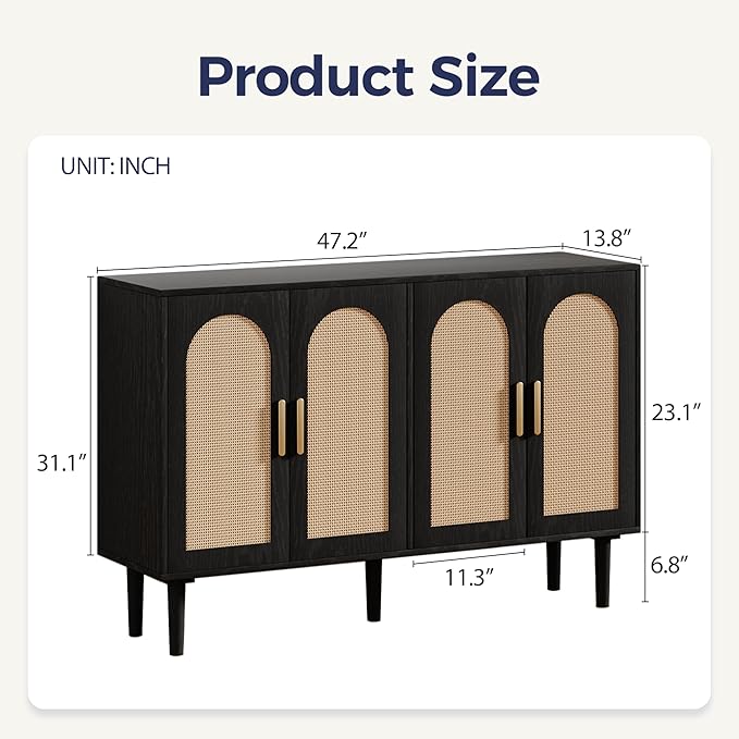 4-Door Rattan Sideboard Buffet Cabinet, 47" Large Storage Cabinet with Shleves, Wood Modern Accent Credenza Kitchen Table for Dining Room, Living Room & Entryway, Black & Natural