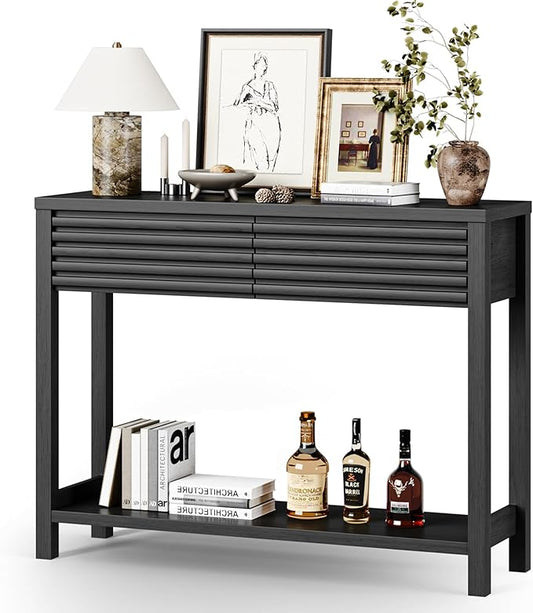 EAG 40" Fluted Console Table with 2 Drawers, Modern Wood 2 Tier Entryway Table with Storage Shelf, Narrow Sofa Tables Behind Couch for Entrance Foyer, Hallway, Living Room, Black