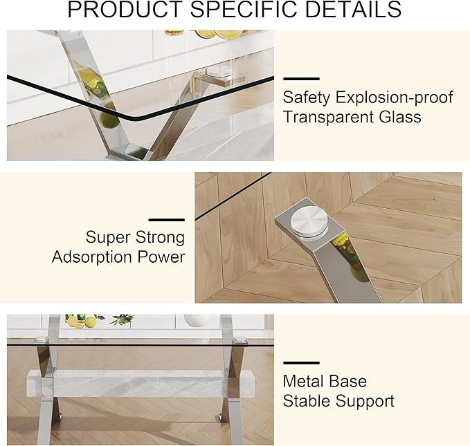 Modern Rectangular Glass Dining Table for 6-8 with Tempered Glass Tabletop and Silver Plated Metal Legs for Kitchen Dining Room(Silver4)