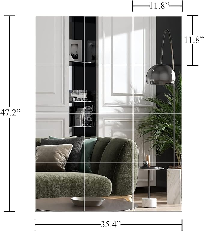 Ruomeng Home Gym Mirrors 12 Inch x 12Pcs Wall Mounted Mirror Glass Frameless Full Length Mirror Tiles for Home Gym, Bedroom, Door & Bathroom