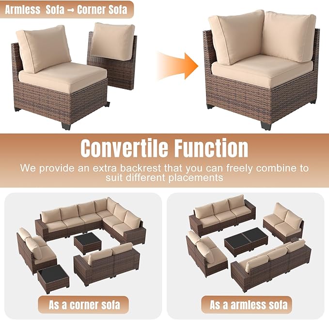 Aoxun 12 Pieces Patio Furniture Set Wicker Rattan Outdoor Sectional Conversation Set with Coffee Table and 4” Thickened Cushions, Beige (Waterproof Cover Included)