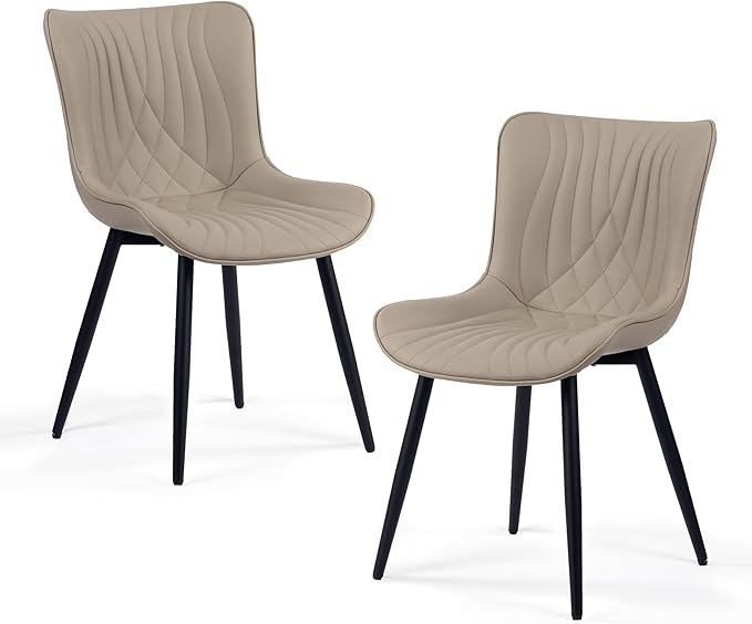 Kidol & Shellder Khaki Dining Chairs Set of 2,Faux Leather Upholstered Mid Century Modern Kitchen&Dining Room Chair with Back,Ergonomic Armless Vanity&Living Room Chair with Metal Legs