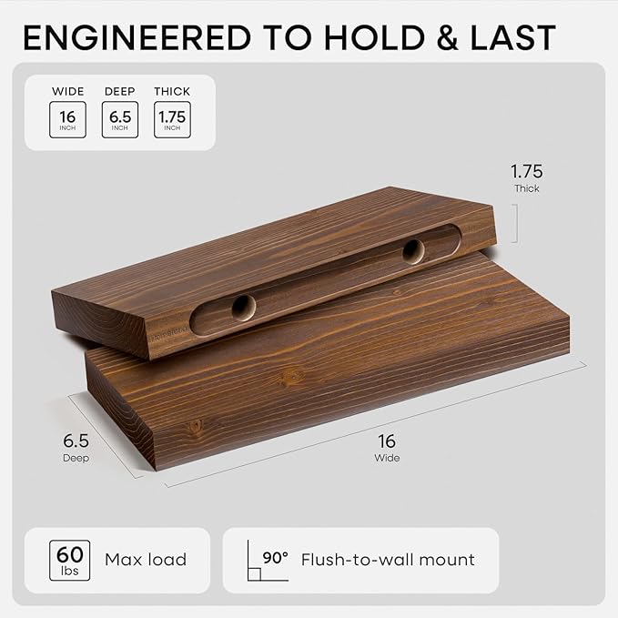 Homeforia Classic Walnut 16 inch Floating Shelf, High End Solid Real Wood Small 16inch Floating Shelves for Wall Mounted, 16in Floating Shelves, Heavy Duty Bracket, 16 X 6.5 X 1.75 inches, Set of 4