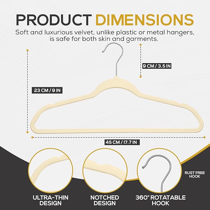 50 Pack New Premium Quality Velvet Hangers Ultra Thin Non Slip Adult Felt Space Saving Hangers for Closet Heavy Duty Coat Pants Jackets Dress Hangers 360° Swivel Hook Hold Upto 10 lbs Ivory
