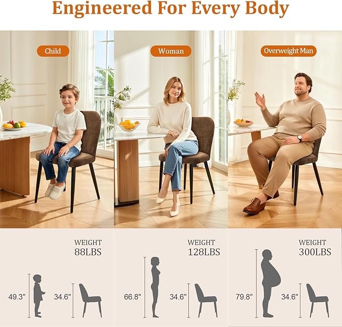 Upholstered Dining Chairs Set of 2, Mid Century Modern Fabric Dining Room Chair High-Back Padded Kitchen Chairs with Padded Seat and Metal Legs for Kitchen Dining Room Restaurant Cafe, Brown