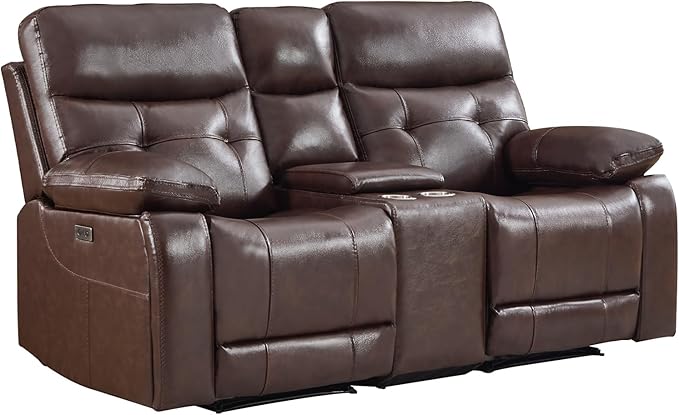 CANMOV Genuine Leather Power Recliner Loveseat, 2 Seat Loveseat Reclining Sofa with Storage Console,Hidden Cup Holders,Modern Electric Recliner Couch Set for Living Room, Bedroom,Dark Brown