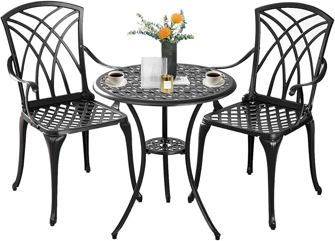Bistro Set 3 Piece Outdoor,Cast Aluminum Outdoor Bistro Set,All Weather Bistro Table and Chairs Set of 2 with 1.97" Umbrella Hole,Patio Bistro Sets for Garden(Woven Black)