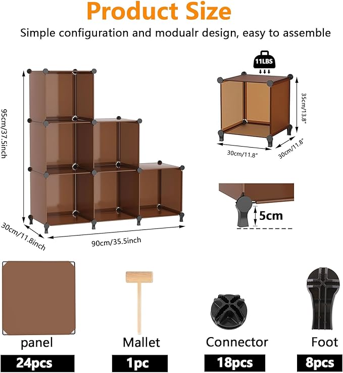 AWTATOS Cube Storage Organizer, Storage Cubes Shelves Bookshelf, 6 Cube Closet Organizers and Storage, DIY Stackable Plastic Clothes Organizer Shelving for Bedroom, Home, Cocoa Brown