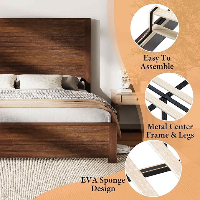 AMERLIFE King Size 51.2" Wood Bed Frame, Rustic Platform Bed with Spliced Headboard, Wood Slats Support/Noiseless/Reclaimed Barnwood//No Box Spring Needed