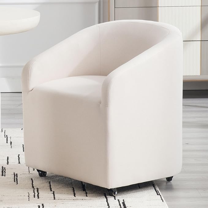 White Barrel Dining Chairs Set of 2, Modern Swivel Barrel Chairs with Wheels Casters Arms Back Comfy Linen Beige Upholstered Rolling Dining Chairs for Living Room Kitchen Bedroom