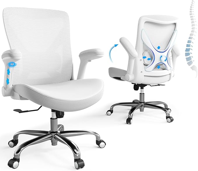 Office Home Ergonomic Desk Chair-Computer X-Shaped Chair Mesh PU Leather with Adjustable Lumbar Support-Executive Chair High Back Flip-Up Arms for Long Hours (White-No Headrest)