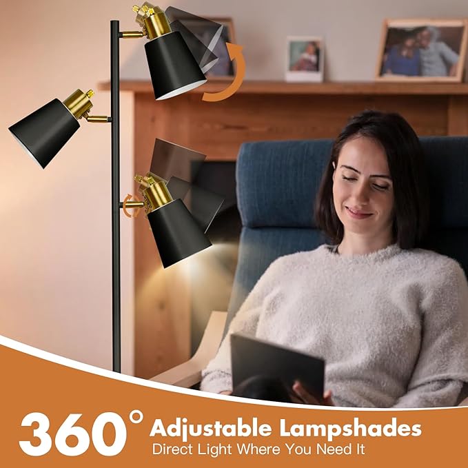 Tree Floor Lamp for Living Room, Industrial 3-Light Standing Lamp with 3 LED Bulbs, Adjustable Rotation Heads, Standing Tall Pole Lamp Farmhouse Rustic Reading Lamps for Bedroom Office (Black Gold)