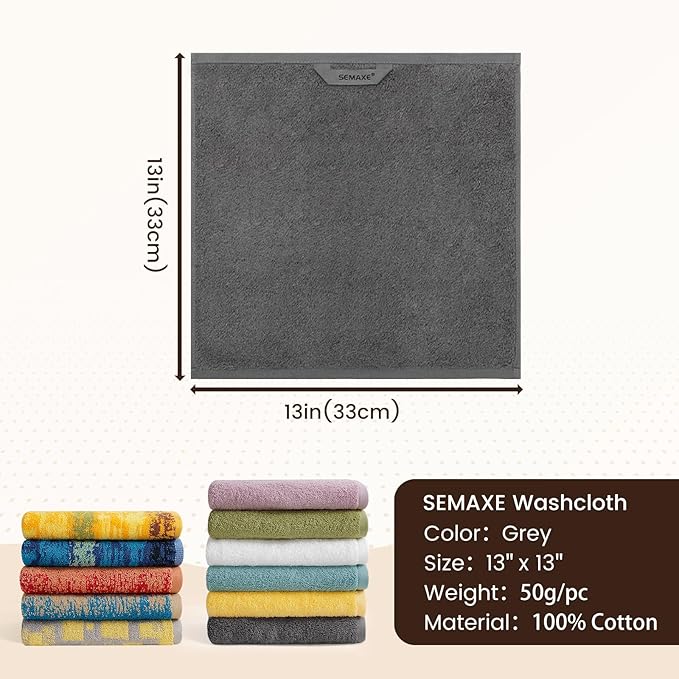 SEMAXE 100% Cotton Washcloths for Bathroom - 24 Pack, Quick-Dry Face Towels with Hanging Loop, Highly Absorbent and Soft, 13x13 Inch, Grey