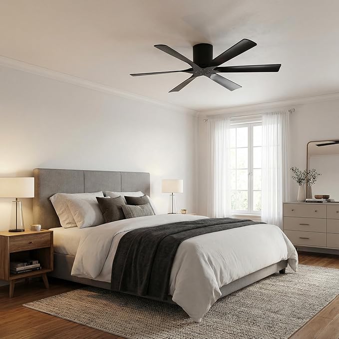 ELEHINSER 52 inch Low Profile Ceiling Fan without Light, 5 Solid Wood Blades, 6-Speed, Quiet DC Motor, Timer, Flush Mount Modern Ceiling Fan No Light with Remote for Living Room Bedroom, Black