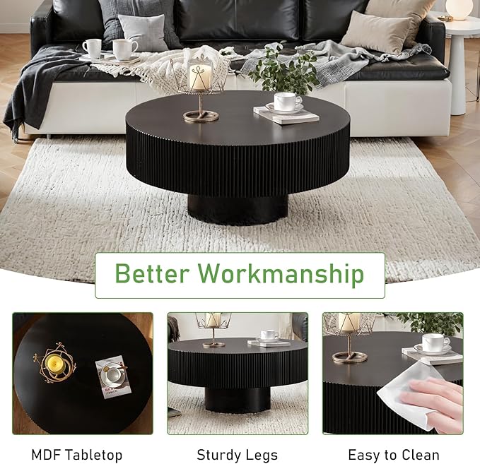 Round Coffee Table for Living Room, 30.91'' Modern Handcraft Drum Coffee Table Unique Fluted Coffee Tables Wood Center Table End Table for Small Space, Farmhouse Apartment Office (Black Thick)