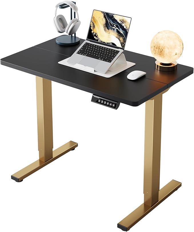 HUANUO 32" Small Electric Standing Desk Adjustable Height, 4 Memory Height Settings, Sit Stand Up Desk for Home Office & Computer Workstation, Black and Gold Frame