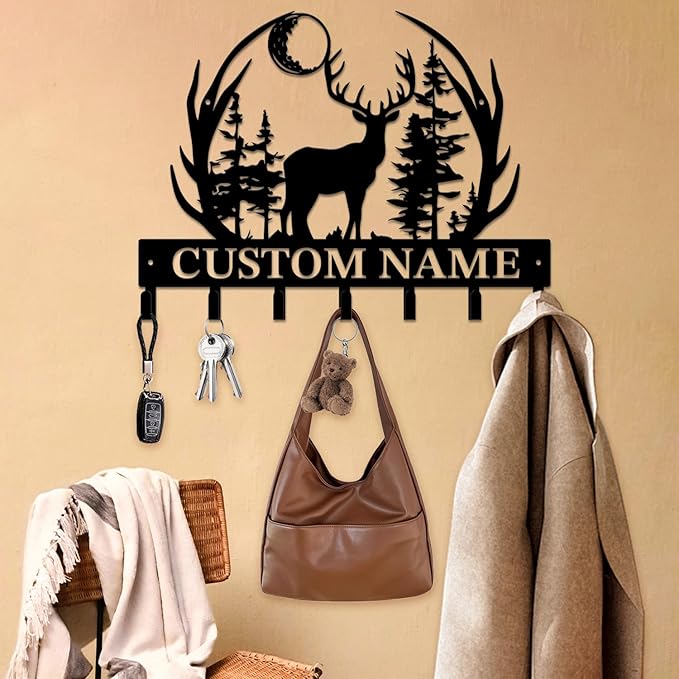 Personalized Custom Name Forest Deer Wall Keys Hooks,Metal Forest Deer Art Clothes Hooks,Metal Forest Deer Wall Home Storage Decorative,For Front Door, Hallway, Kitchen, Bedroom,Keys,Hats (Style J)