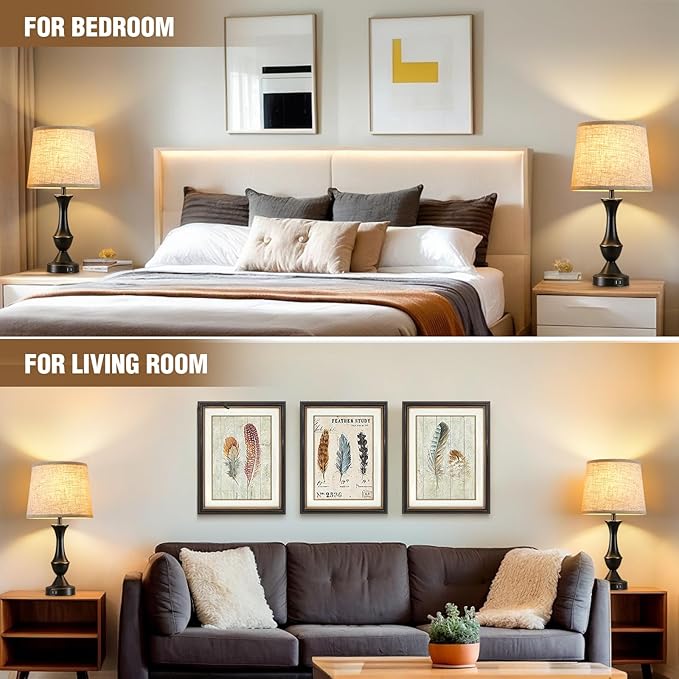 Luvkczc Upgraded Touch Table Lamps Set of 2, 22" Tall Bedside Lamps with USB C+A Ports, Dimmable Nightstand Lamps for Bedroom, Living Room, Office, Black Lamp with Beige Lampshade, Bulb Included