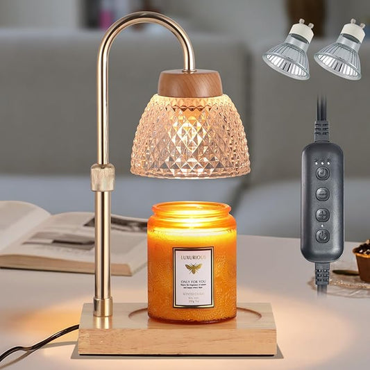 Dimmable Candle Warmer Lamp with Timer, Electric Wax Melt Warmer for Jar Scented Candles Adjustable Height, Mothers Day Birthday Gifts for Women Mom Grandma Home Offices Decor, with 2 Bulbs(Gold)