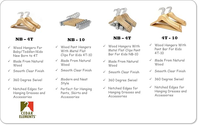 Kids Hangers with Metal Clips Pant Bar 4T-10 (Natural Wood)