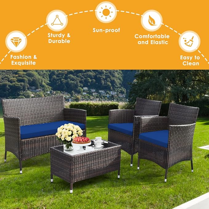 Goplus 4-Piece Rattan Patio Set, Outdoor/Indoor Wicker Conversation Set for Pool, Backyard, Lawn, Wicker Chairs and Sofa with Soft Cushion, Rattan Furniture with Tempered Glass Coffee Table