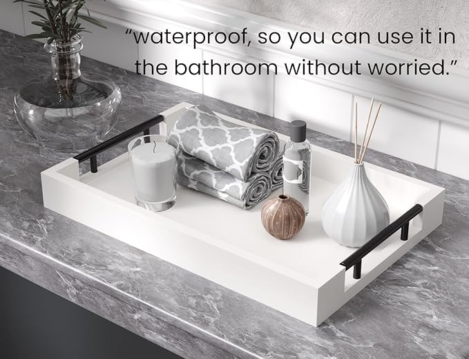 Bamboo Serving Tray with Metal Handles,15x10in Ottoman Decorative Trays Platter for Coffee Table,Living Room,Bar,Party,Mediuml(White)