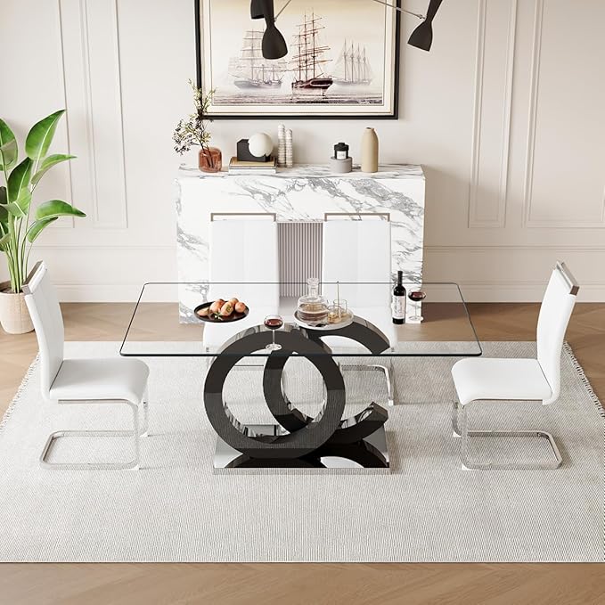 63'' Glass Dining Table Set for 4, Kitchen Table Chairs Set of 4, Clear Glass Dining Table with Black unique design Leg and Silver Metal Base, 4 PU Dining Chairs with Metal Legs, Living Room, Kitchen.