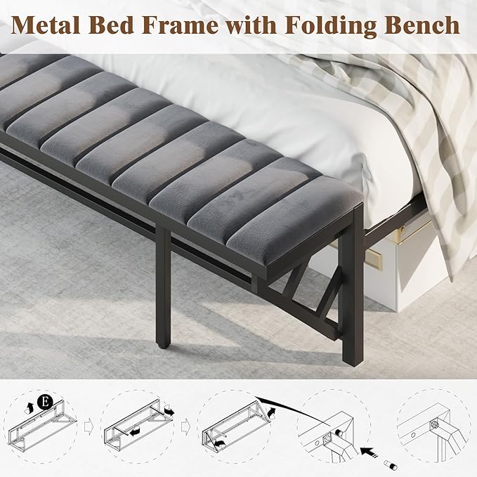Full Bed Frame with LED Light and Charging Station, Velvet Upholstered Headboard with Storage Shelf, Heavy Duty Metal Slats/No Box Spring Needed/Easy Assembly, Grey