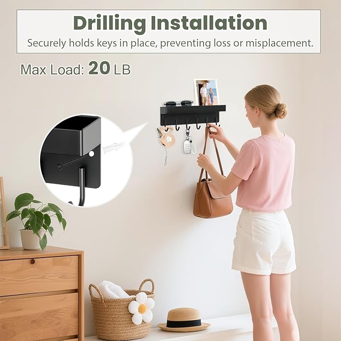 Magnetic Key Holder Wall Mount, Small Metal Key Rack with Tray, 9.6 Inch, 6 Hooks, 2 Installation Options, Black