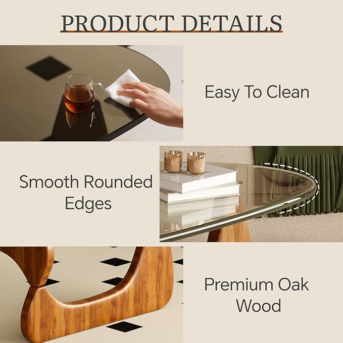 Coffee Table for Living Room Mid Century Modern Center Table with Glass Top, Walnut Transparent