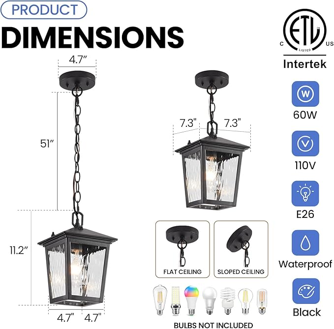 Outdoor Pendant Light, Black Outdoor Porch Light fixtures with Dusk to Dawn Sensor, Exterior Hanging Lantern Height Adjustable Outside Chandelier with Water Glass for House Patio Garage