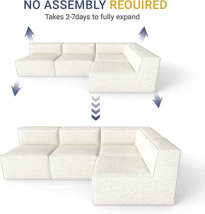 97" Sectional Compressed Sofa Modular Couches,High-Density Foam No Assembly Required,3-Piece(1xCorner 3xArmless) for Living Room, Chenille Beige White