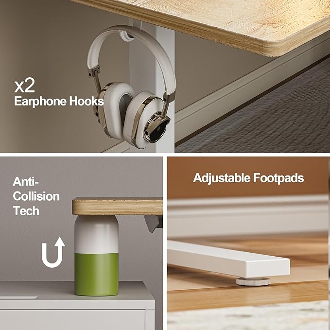 Grandder 63 x 55 Inch L Shaped Standing Desk, Electric Height Adjustable Corner Stand Up Desk, Sit Stand Corner Table Home Office Table, Oak Top White Frame