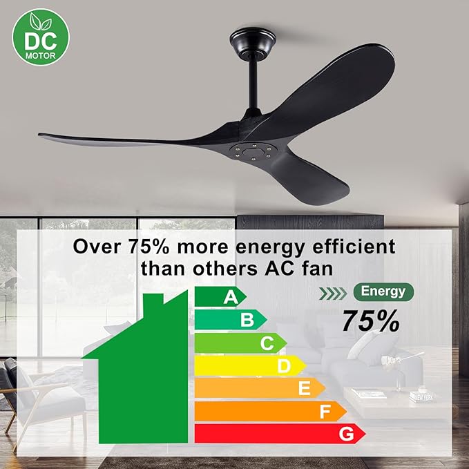 52 inch Ceiling Fan without Light, Quiet Reversible DC Motor Wood Ceiling Fan no Light, 3 Blades Modern Ceiling Fan with Remote Control for Outdoor Indoor Farmhouse Patios