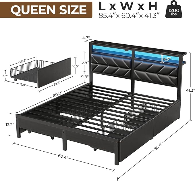 Seventable Queen Bed Frame with 4 Storage Drawers, Charging Station & LED Lights, Upholstered Headboard with 2-Tier Shelves, Metal Platform Bed, No Box Spring Needed, Noise-Free, Black
