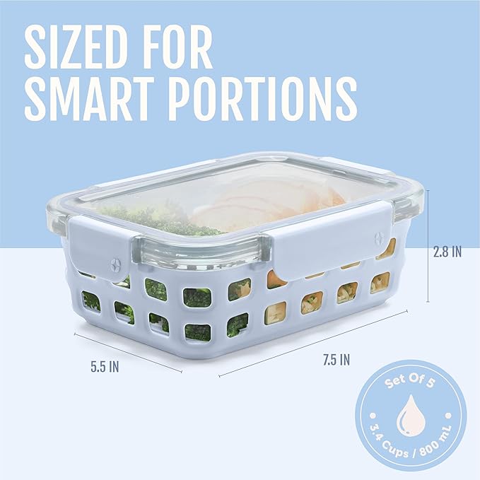 Ello Duraglass 3.4 Cup Meal Prep Sets 10Pc, 5 Pack Set- Glass Food Storage Container with Silicone Sleeve and Airtight BPA-Free Plastic Lids, Dishwasher, Microwave, and Freezer Safe, Halogen Blue