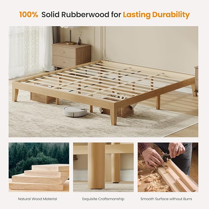 Cal King Size Wood Platform Bed Frame, 12 Inch Solid Wood Bed Frame with Wooden Slats, No Box Spring Needed, Easy Assembly, Rustic Pine