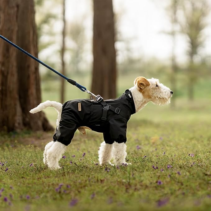 Dog Raincoat with Harness for Small and Medium Dogs, Adjustable Waterproof Dog Rain Jacket,Reflective Rainproof Puppy 4 Legs Raincoat-Black,L