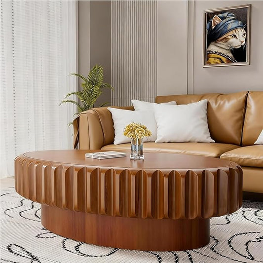 43.3" Oval Drum Coffee Table with Storage Modern Unique Fluted Tea Table Contemporary Wood Oval Coffee Table Centr Table for Living Room Apartment (brown-43.3in)