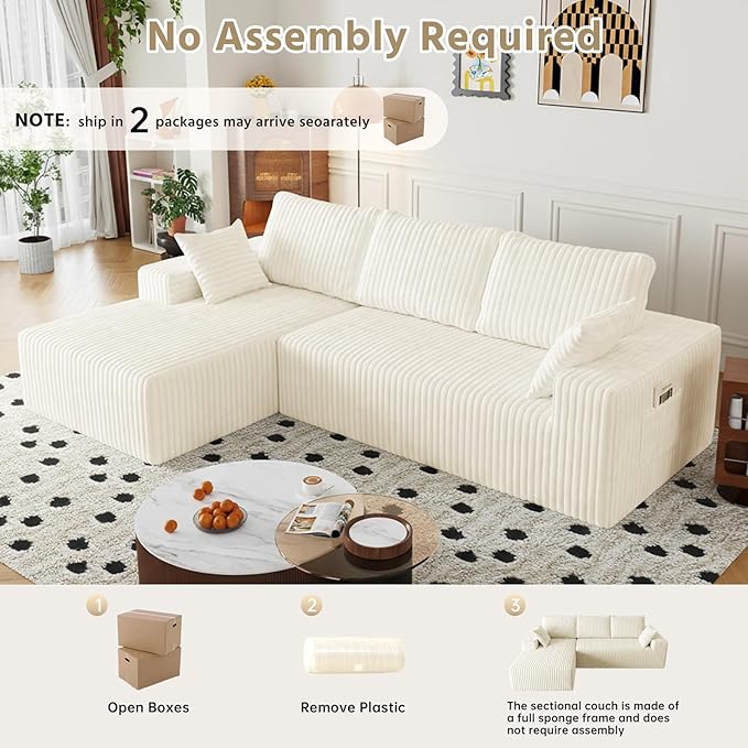 108" Sectional Couches for Living Room, Modular Sectional Sofa with L-Shape Chaise, Boneless Couch, Comfy Corduroy Fluffy Couch with Deep Seat and Side Pockets, No Assembly Required