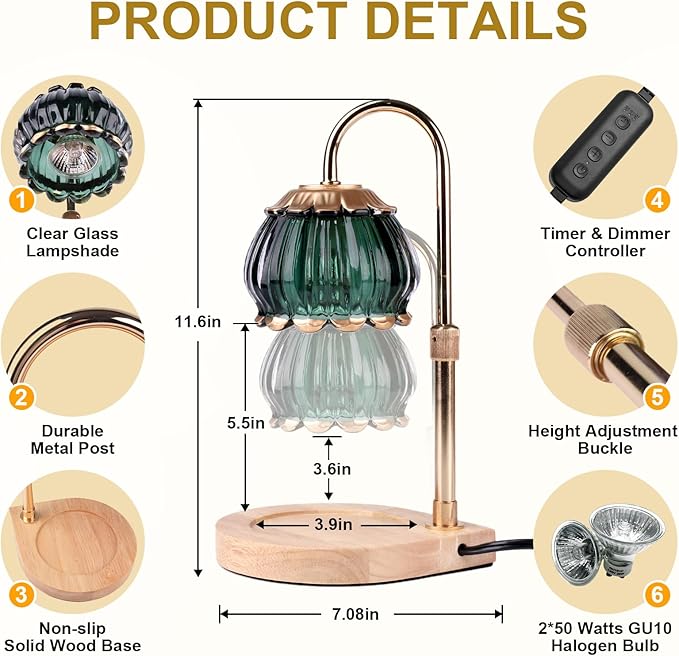 Candle Warmer Lamp with Timer,Dimmable Candle Warmer Light Adjustable Height Warmer Green Glass Lantern, Gifts for Women Mom House Warming New Home Bedroom Decor,Christmas Gifts