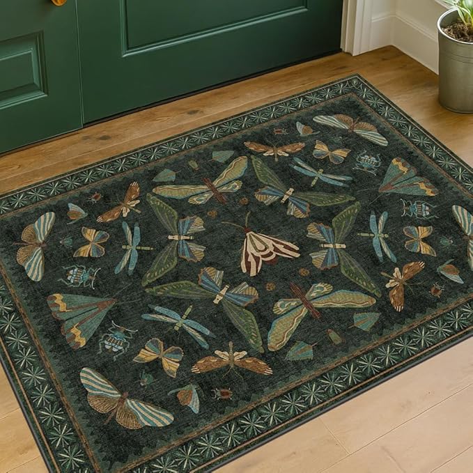 2x3 Entry Way Rugs Indoor - Dark Green Small Throw Rug for Kitchen, Bathroom, Insect Boho Design, Washable Non Slip Stain Resistant