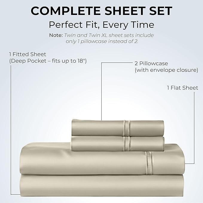 100% Natural Cotton Sheets Queen Size Bed Set | 500 TC Single-Ply Sateen Weave | Breathable & Hypoallergenic Solid 4-Piece Bedding with Deep Pocket Fitted, Flat, Pillowcase | Cream Beige