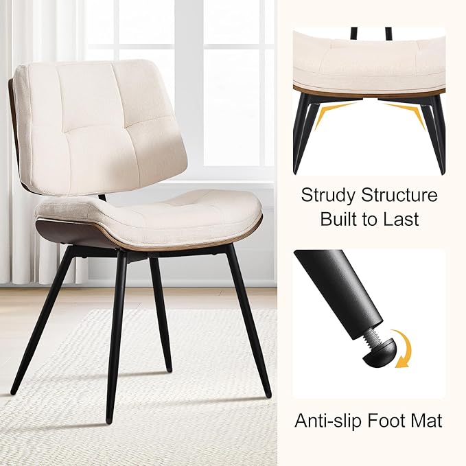 Dining Chairs Set of 2,Mid Century Modern Kitchen Chairs with Walnut Bentwood Back and Metal Legs,Upholstered Fabric Dining Room Chairs for Kitchen, Living Room,Beige