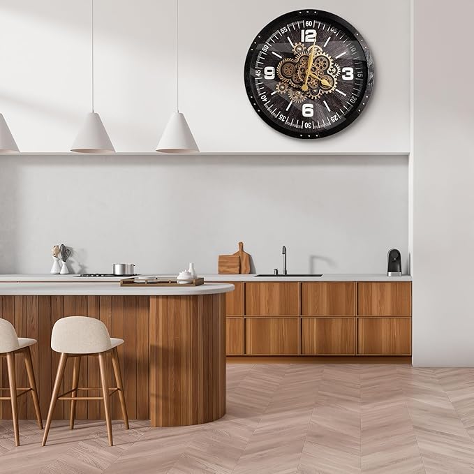 Wall Clocks for Living Room Decor, Large Real Moving Gears Clock, Vintage Industrial Oversized Rustic Farmhouse Kitchen Office Fireplace Wall Decor (Grey Black, 27 inch)