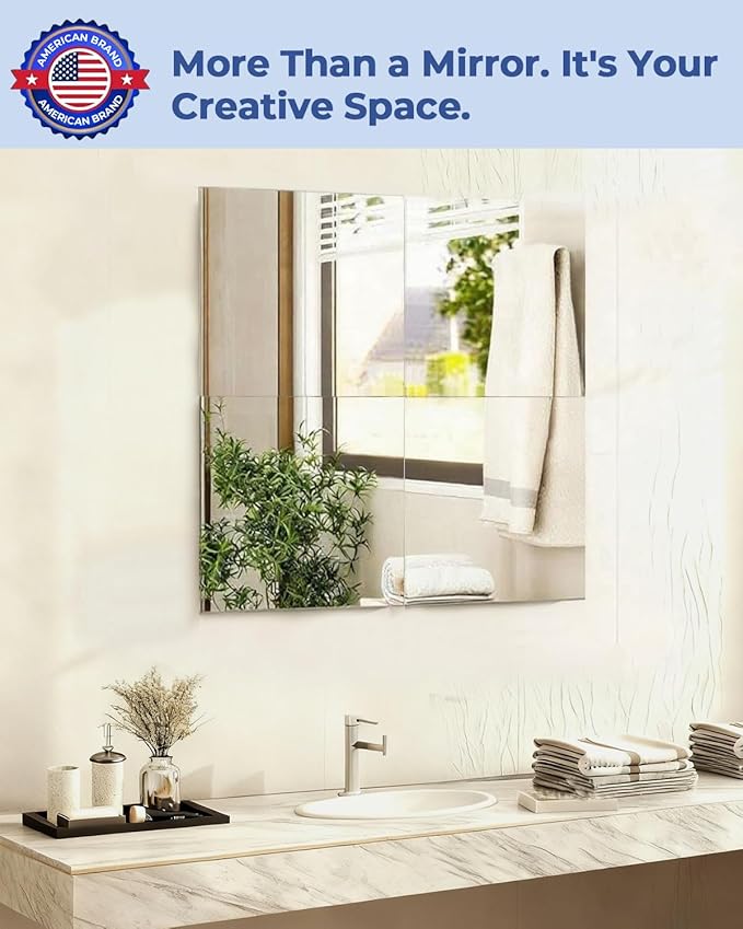 4 Pack Peel and Stick Mirror Tiles, 16x16 Inch Shatterproof Flexible Stick on Mirrors for Wall, Full Length Body Mirror for Home Gym, Bedroom, Door and Bathroom Decor